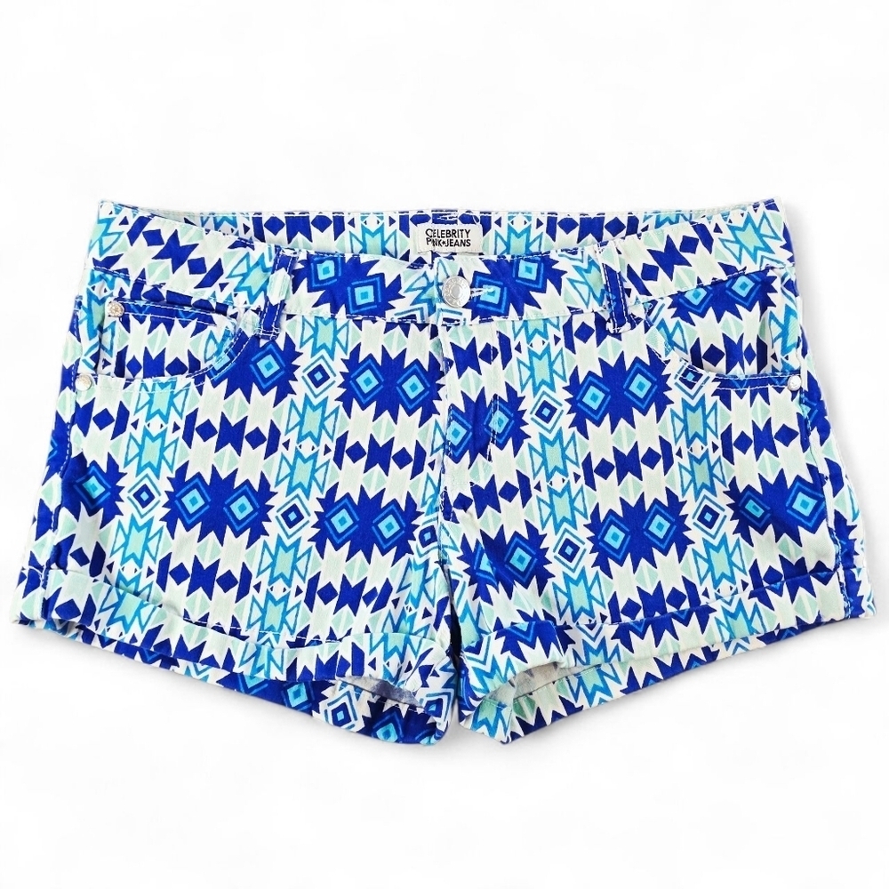 Celebrity Pink Tribal Aztec Print Denim Shorts Size 15 Stretchy Cotton Blend